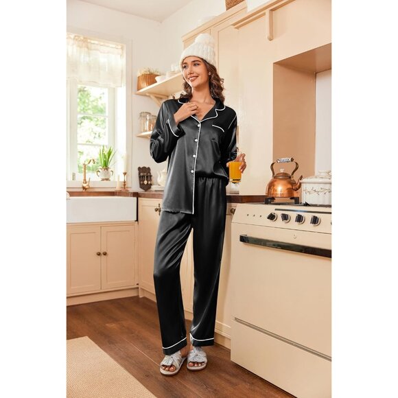 Women Black Satin Pajamas Set Classic Button Down Long Pjs Set - Picture 2 of 6